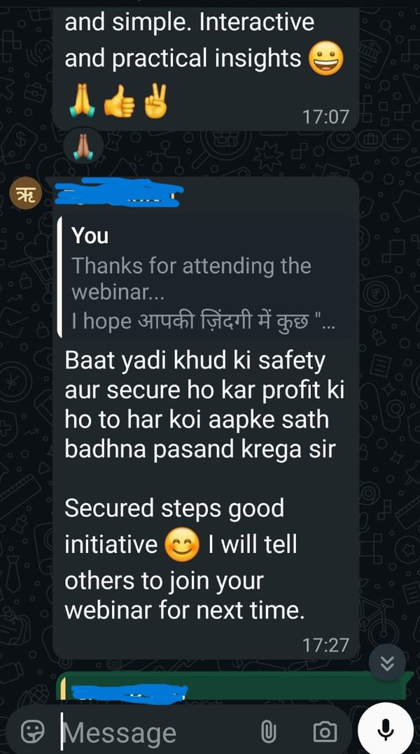 WhatsApp feedback from a TradoBa community member